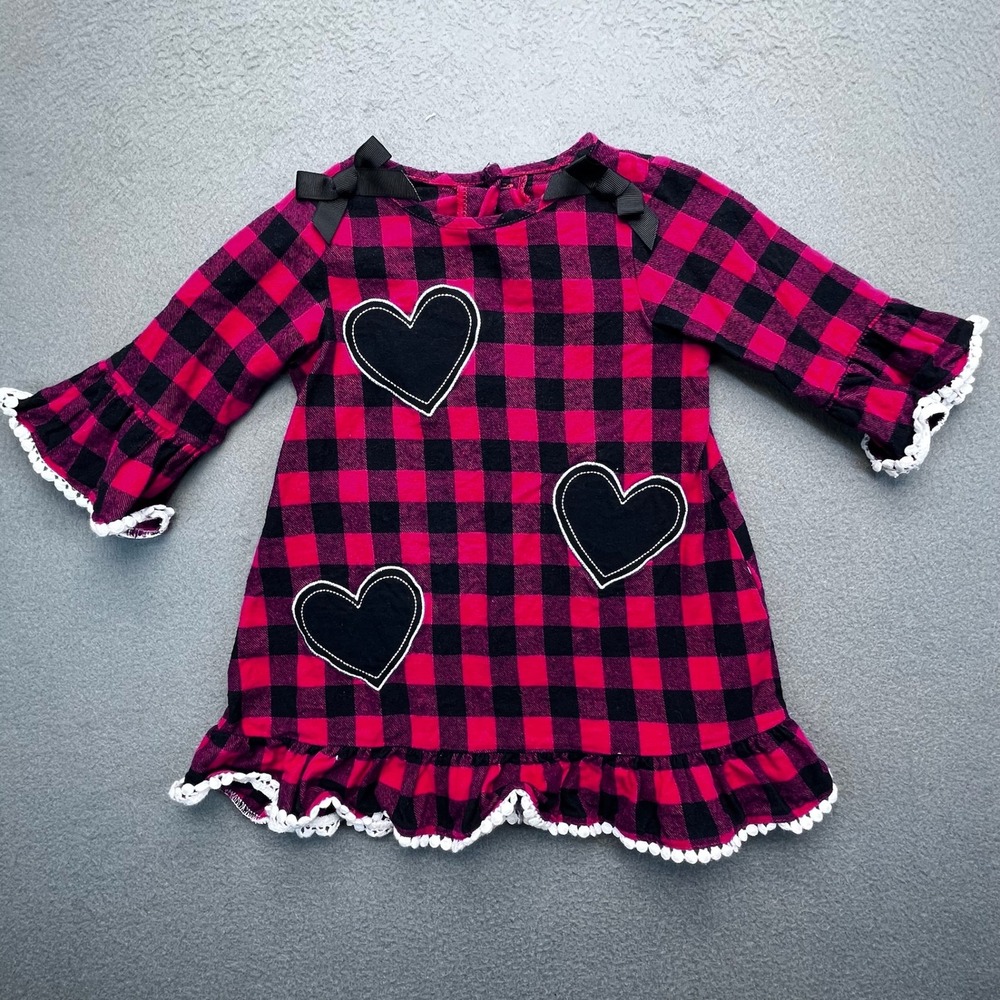 Good Lad Girls Red Black Buffalo Plaid Heart Dress 4T Long Sleeve Bow Pom Pom